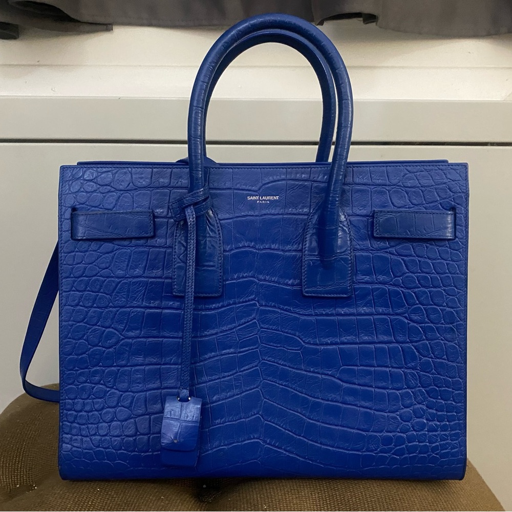 Saint Laurent Blue Croc-Embossed Sac de Jour